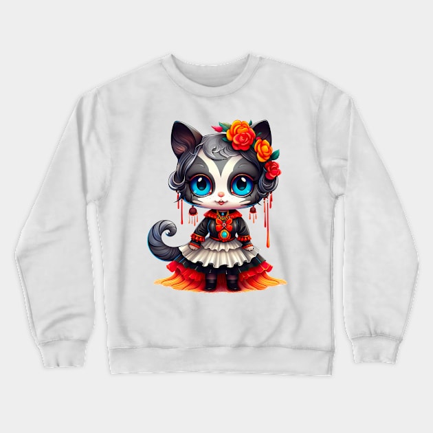 Dia de los Muertos Cat #6 Crewneck Sweatshirt by Chromatic Fusion Studio